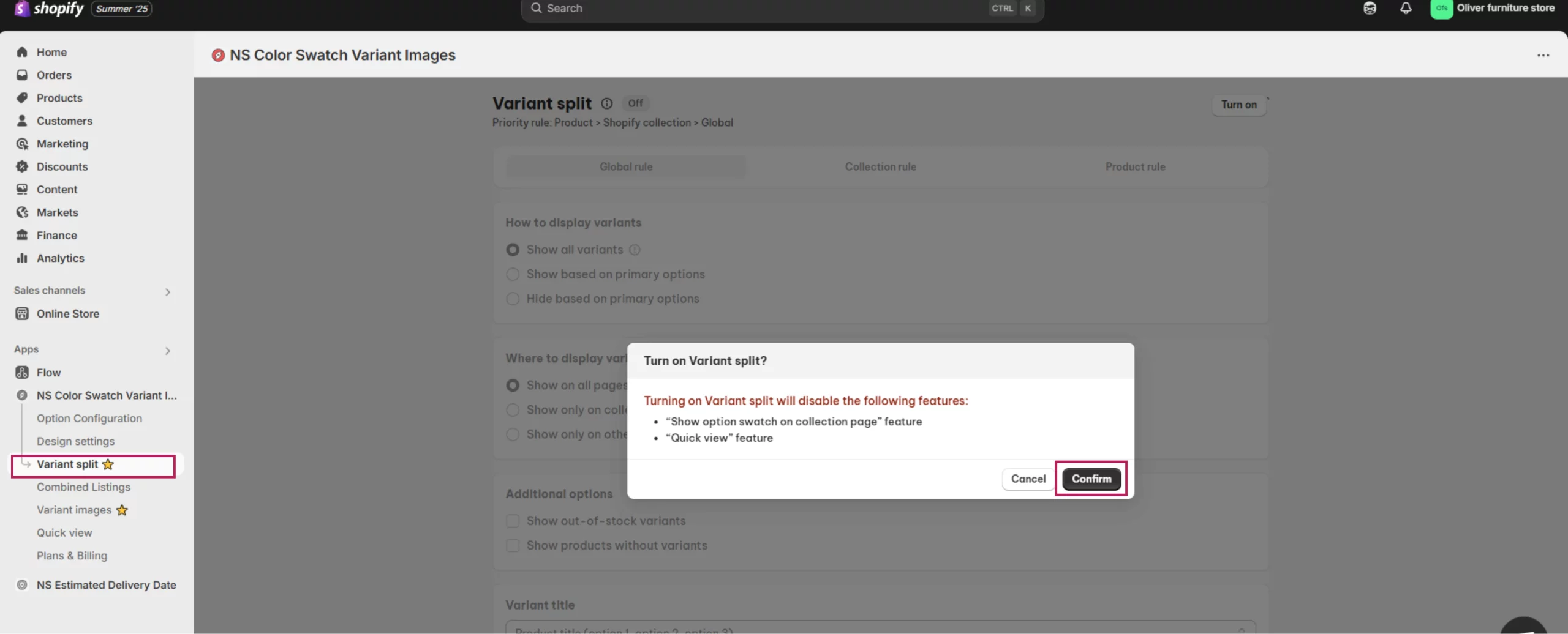 Confirm to enable variant split