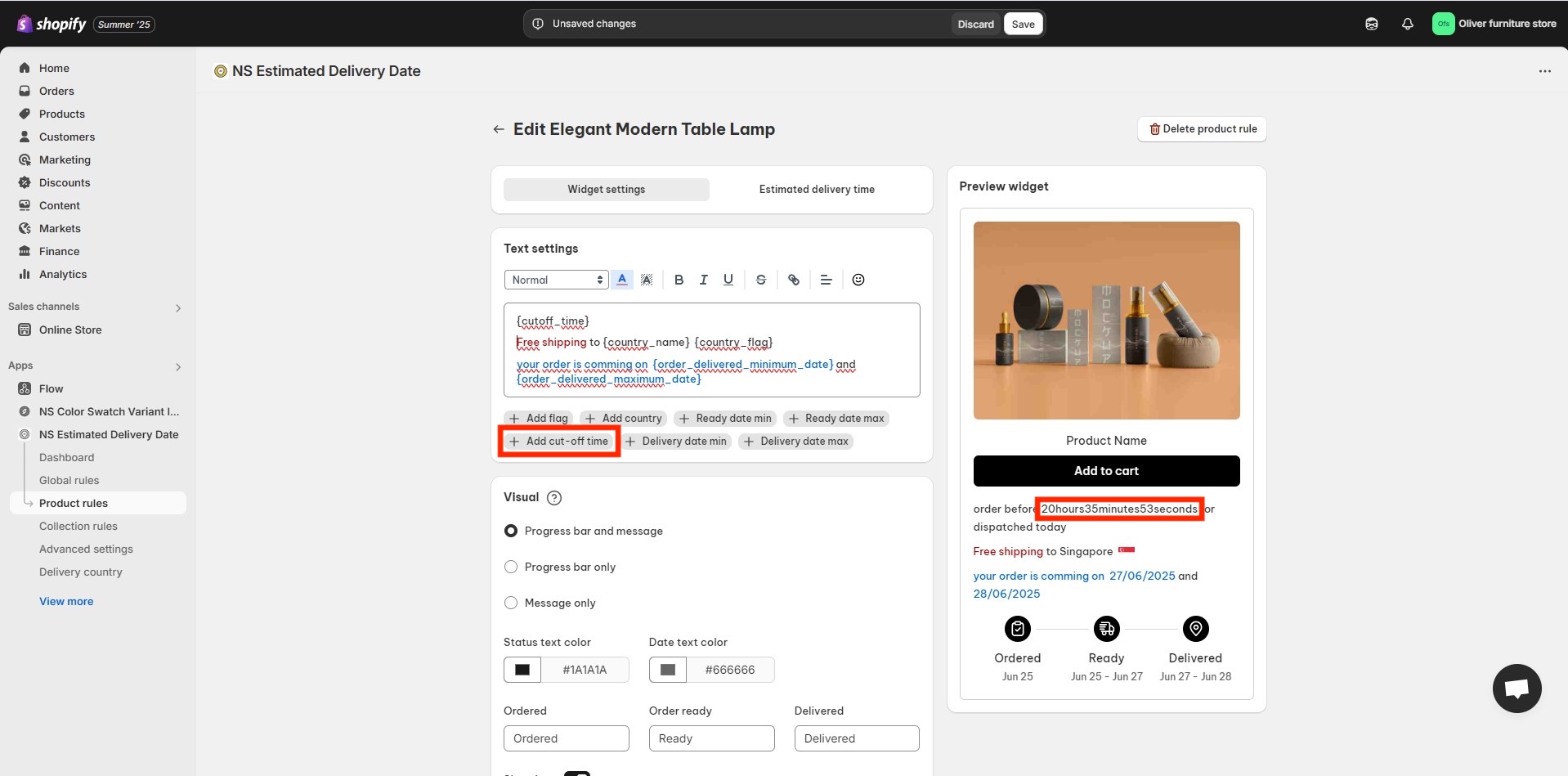 add cut off time in Shopify