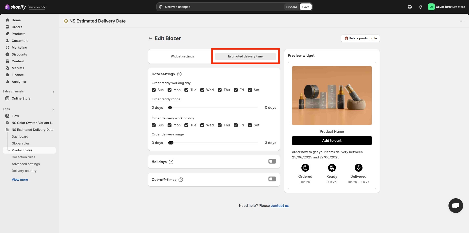 Display estimated delivery dates by product on Shopify