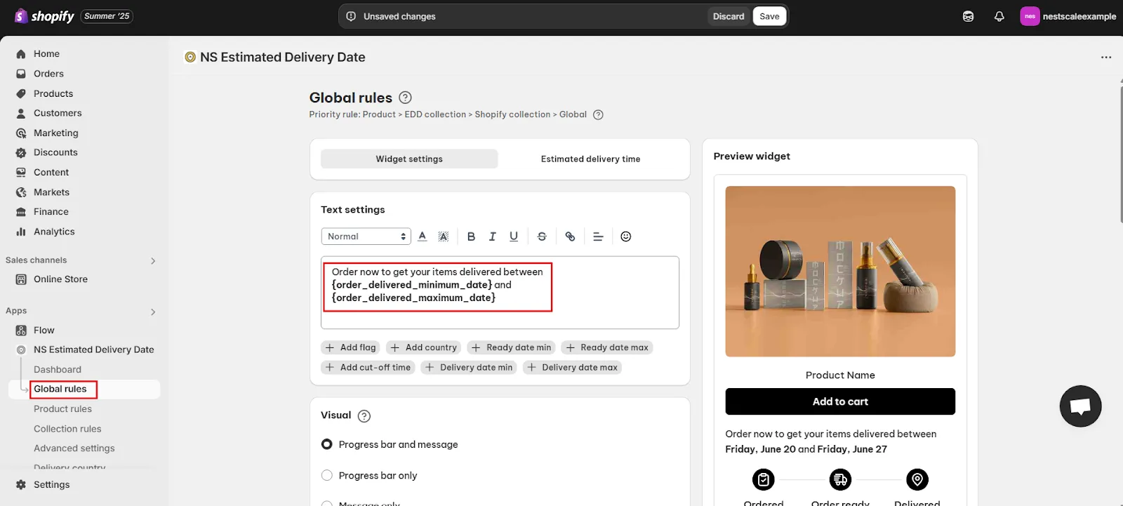 Customize the delivery message text