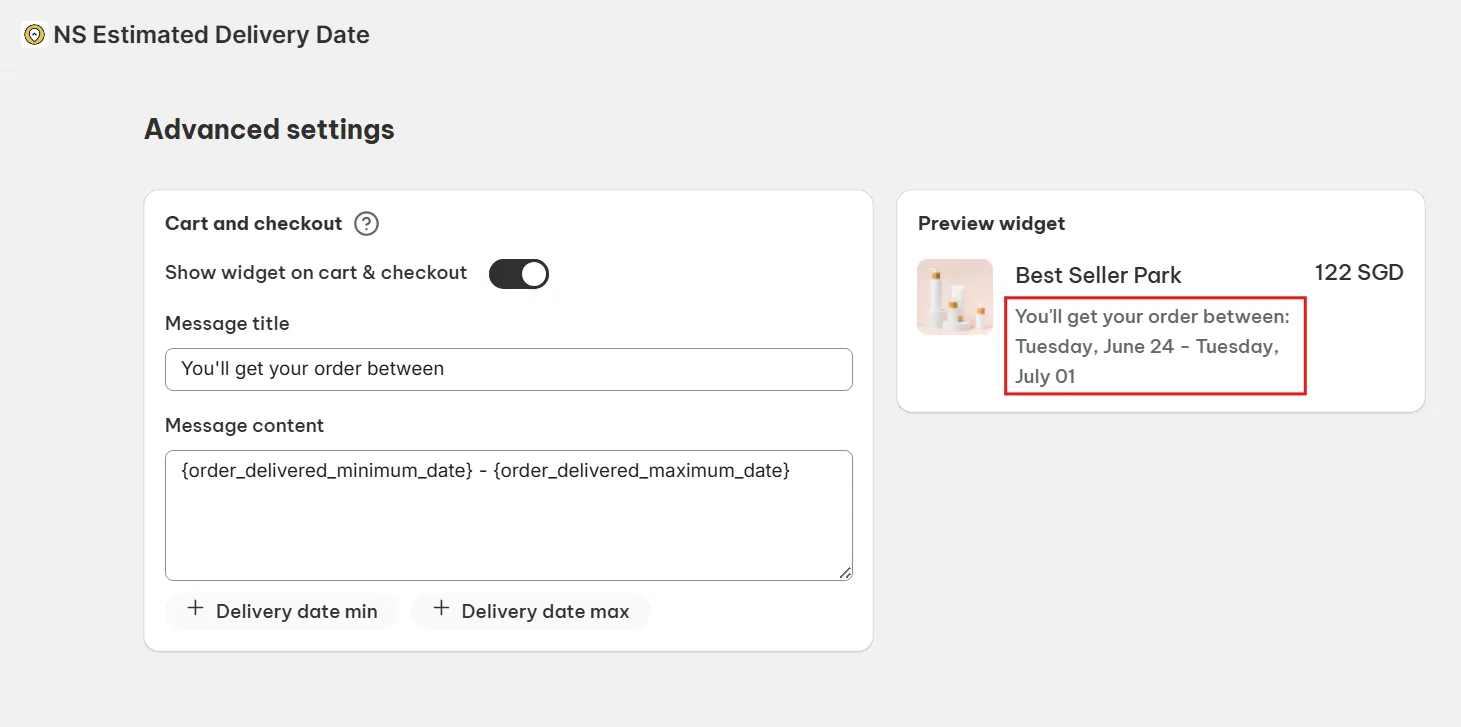 message displayed in the cart/checkout