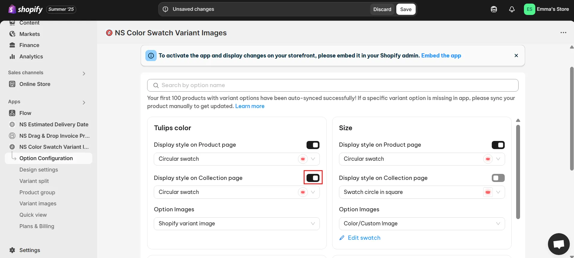 Displaying swatches on collection pages