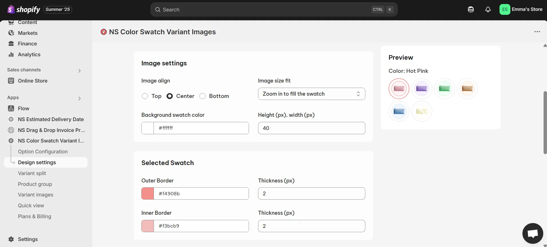 Image Settings & Selected Swatch