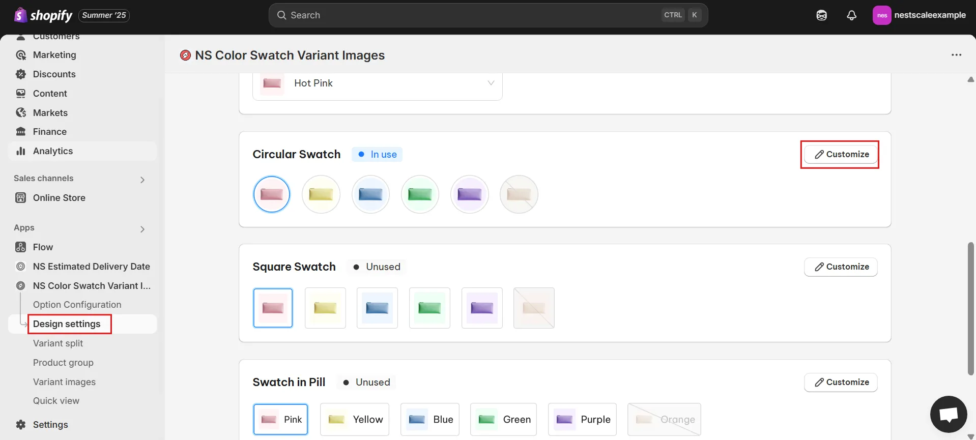 customize design and custom shape for color swatches in Shopify