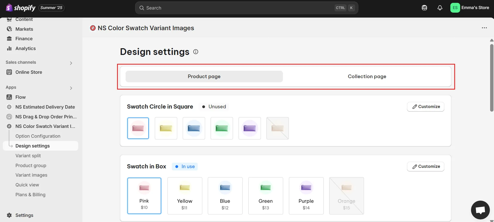 style your swatches Product pages and Collection pages