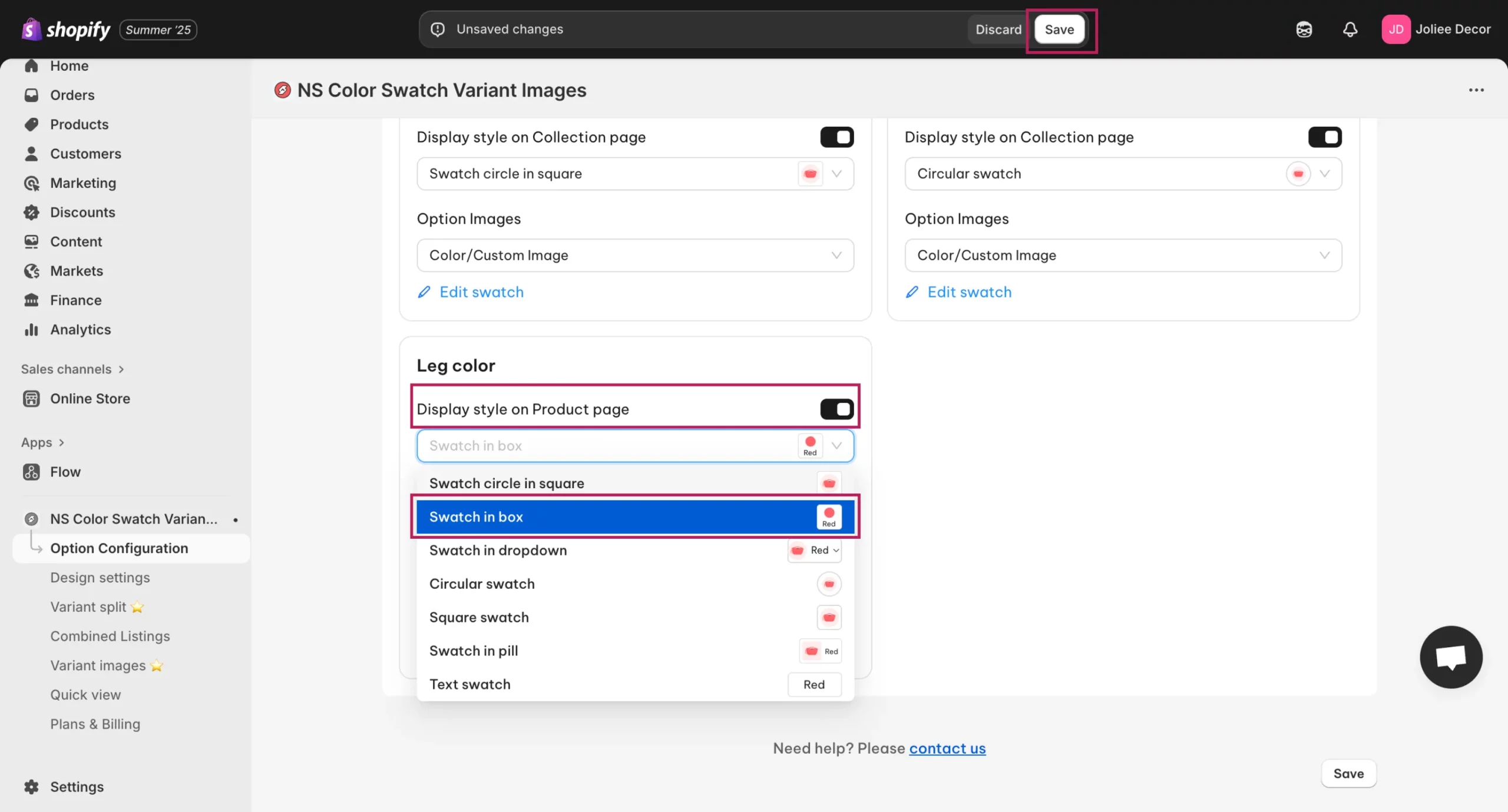 display style on product page