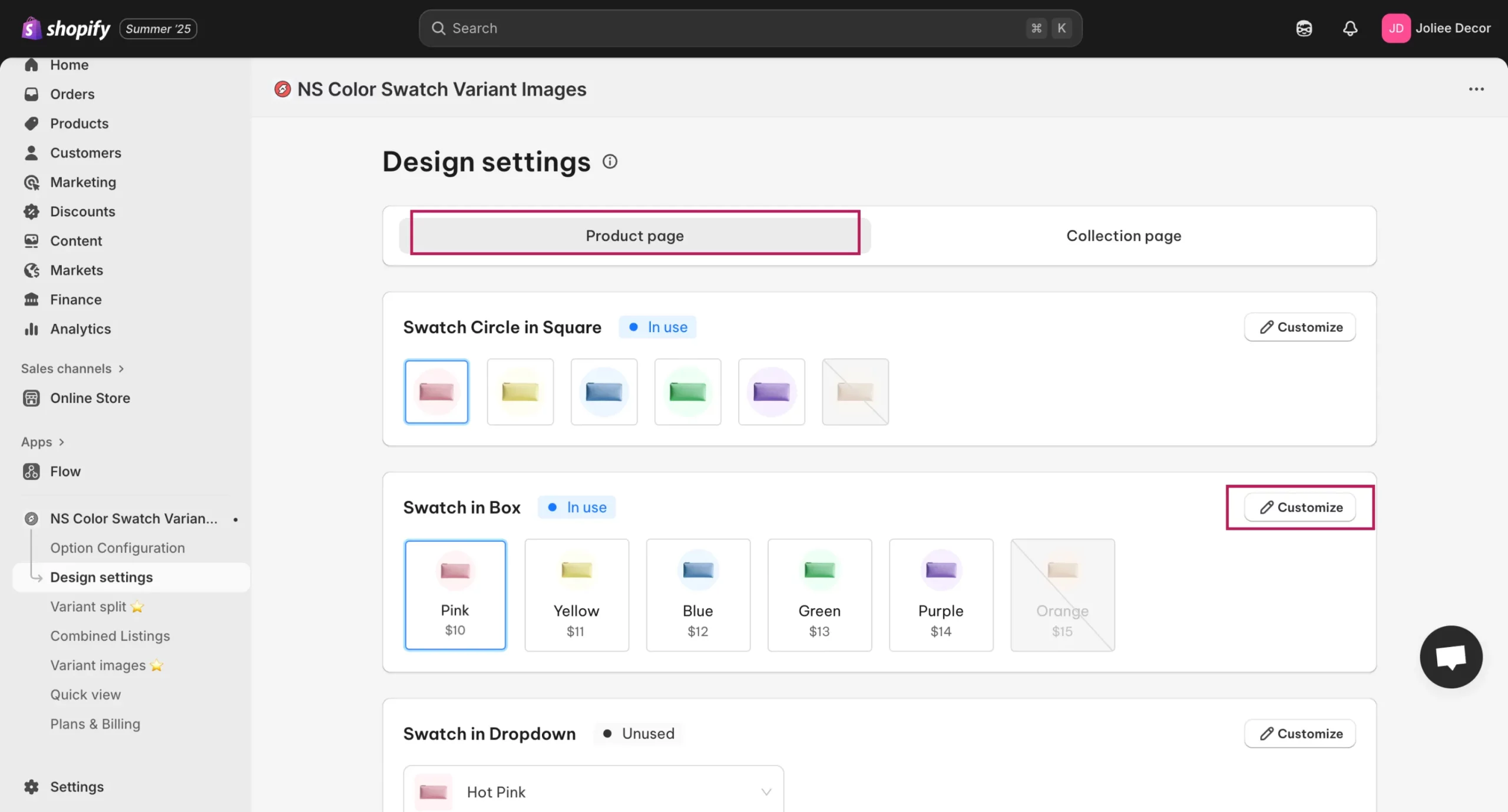 design on product page