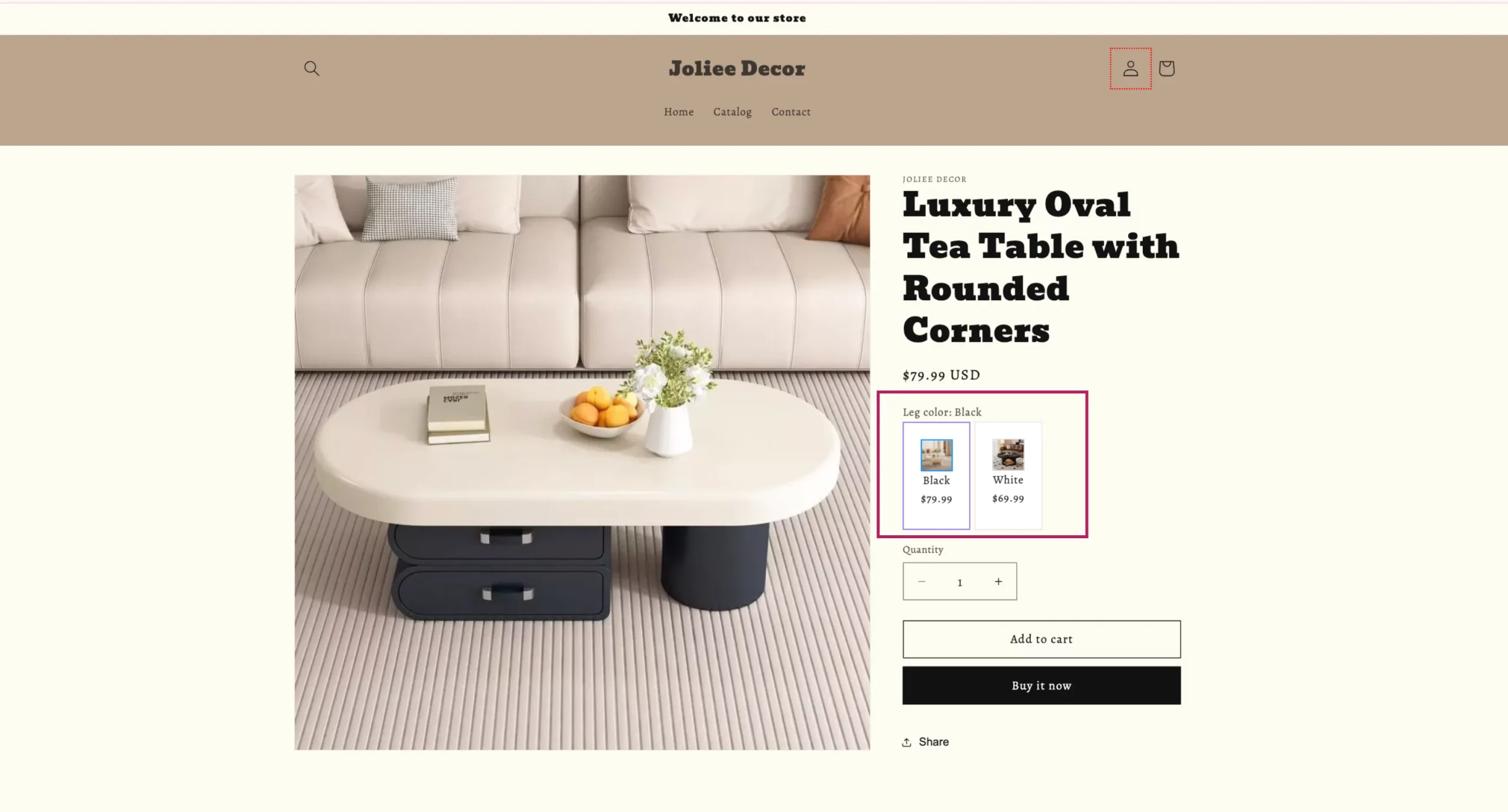 variant with price on product page