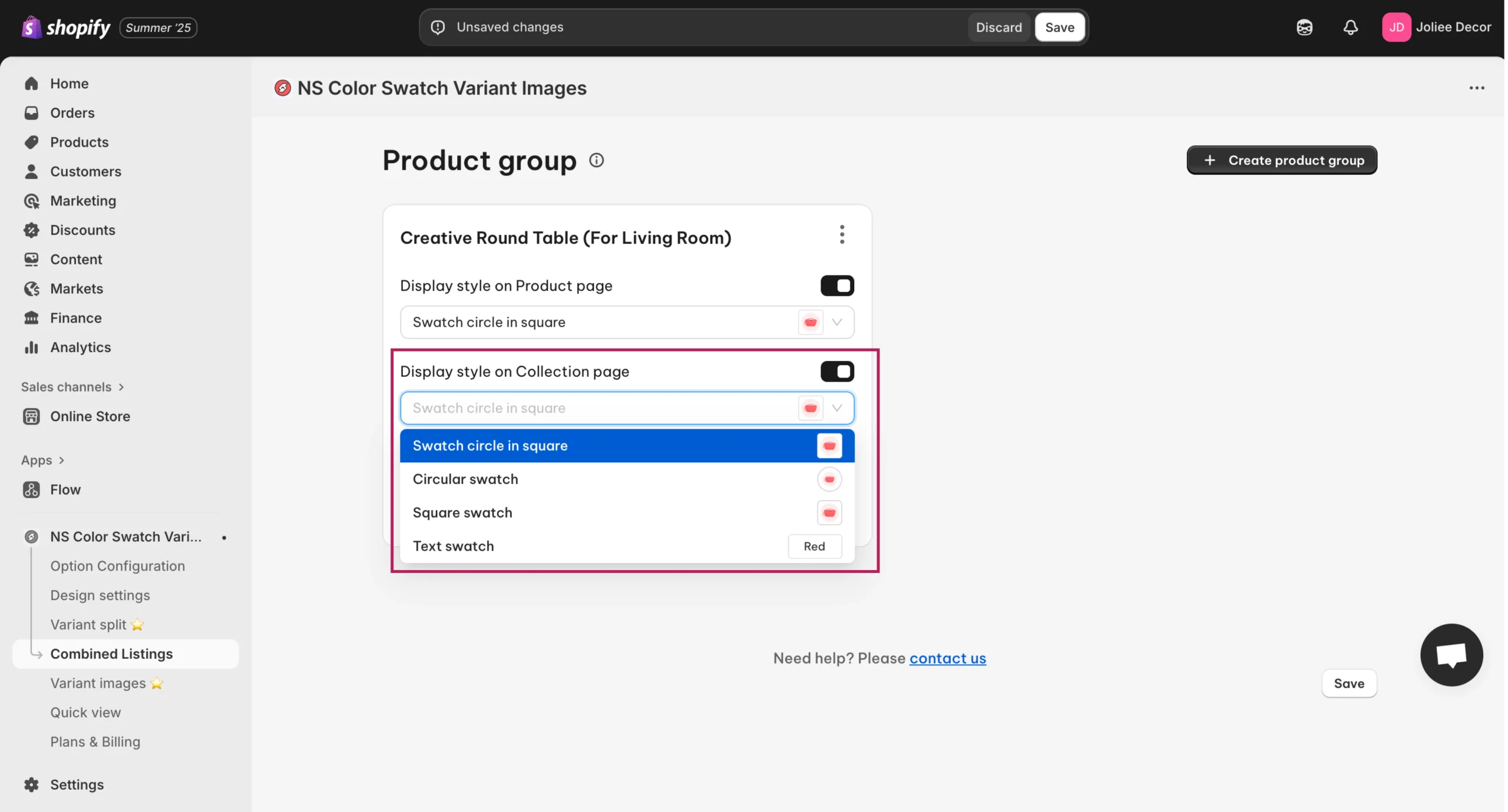 Display Style on Collection Page