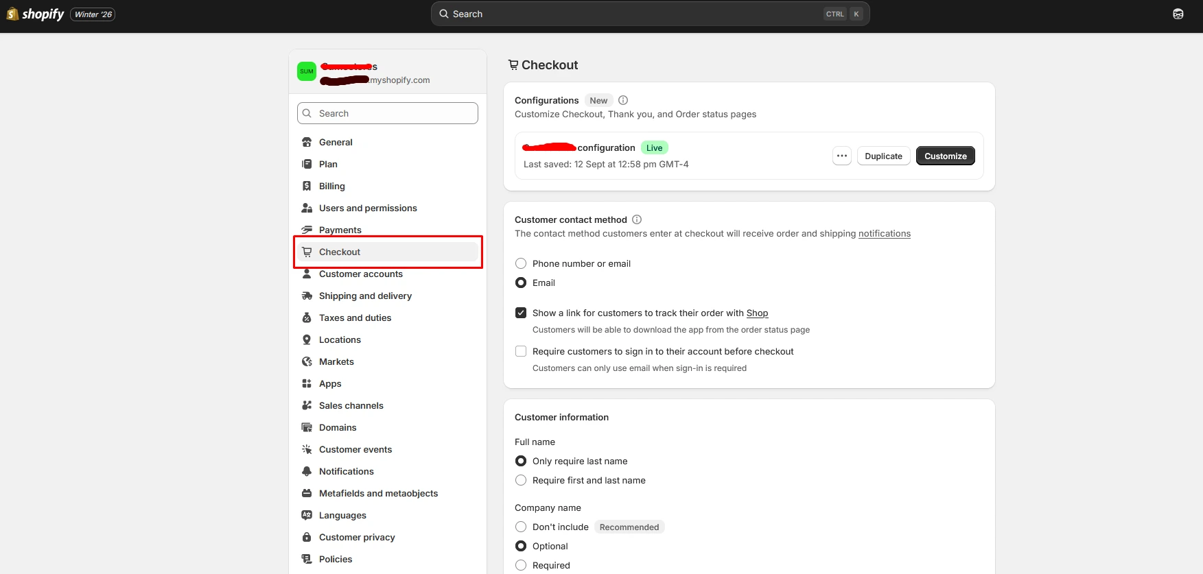 Checkout setting in Shopify