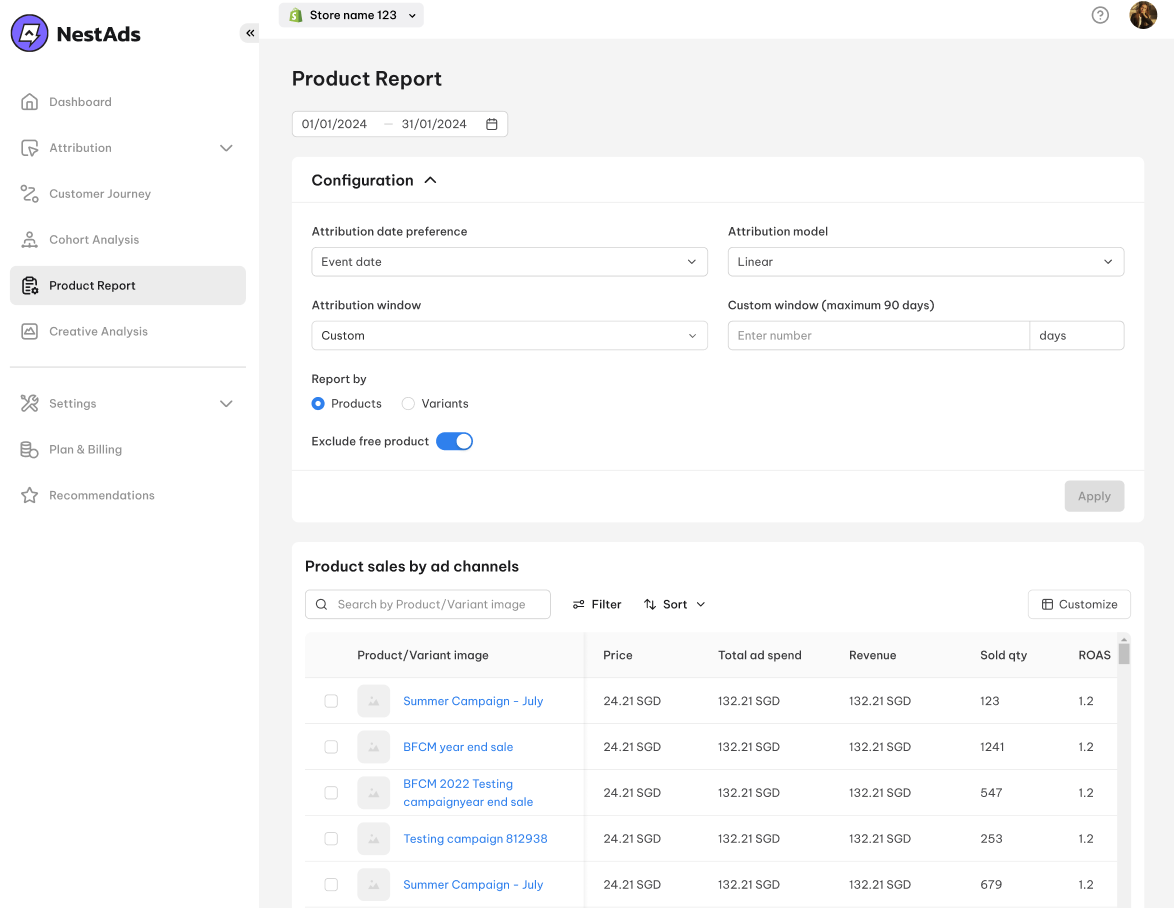 Product report feature of NestAds