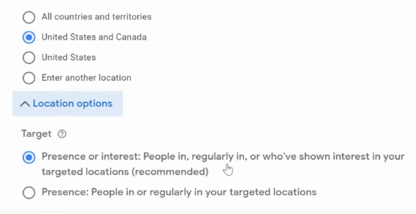 Location options for Google ads