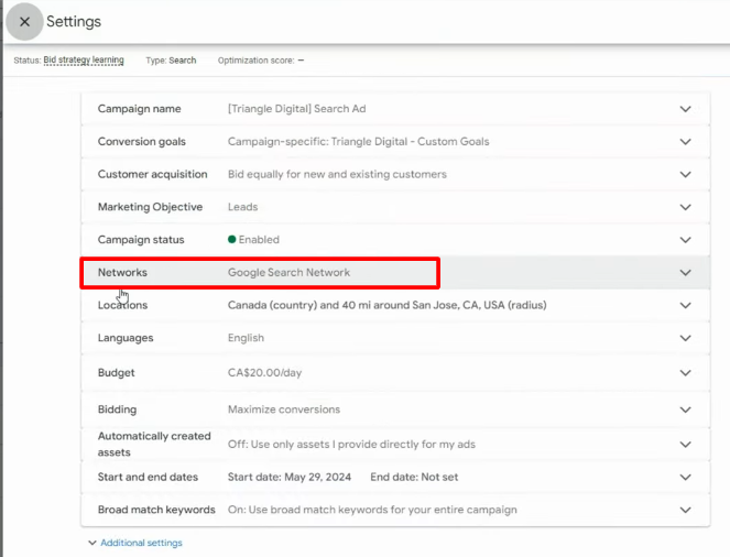 Google Search Network setting