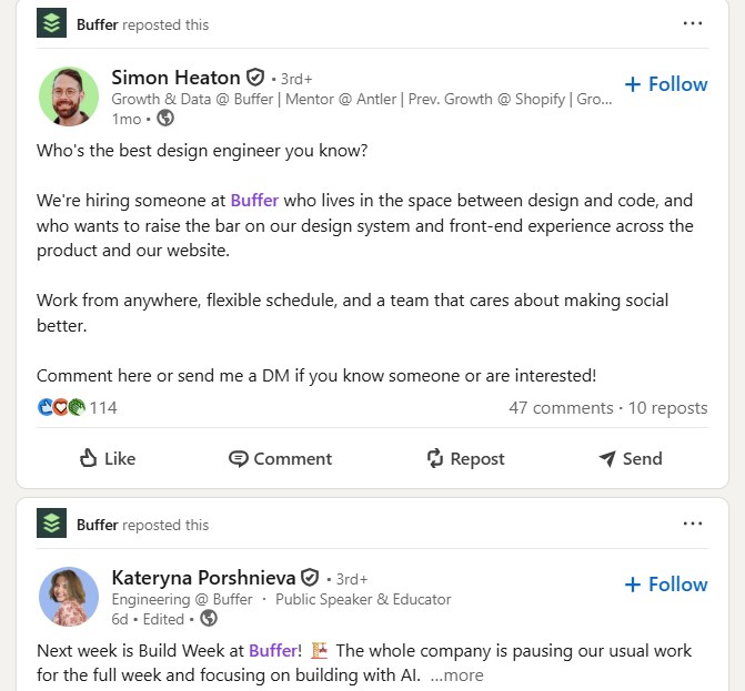 Buffer's employee content on LinkedIn