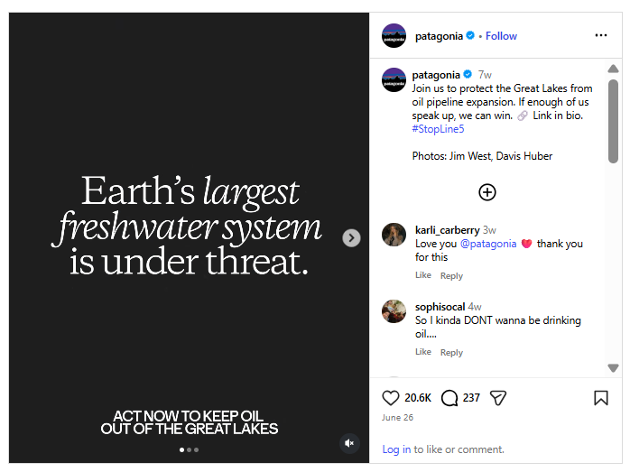 Patagonia's social commitment on Instagram