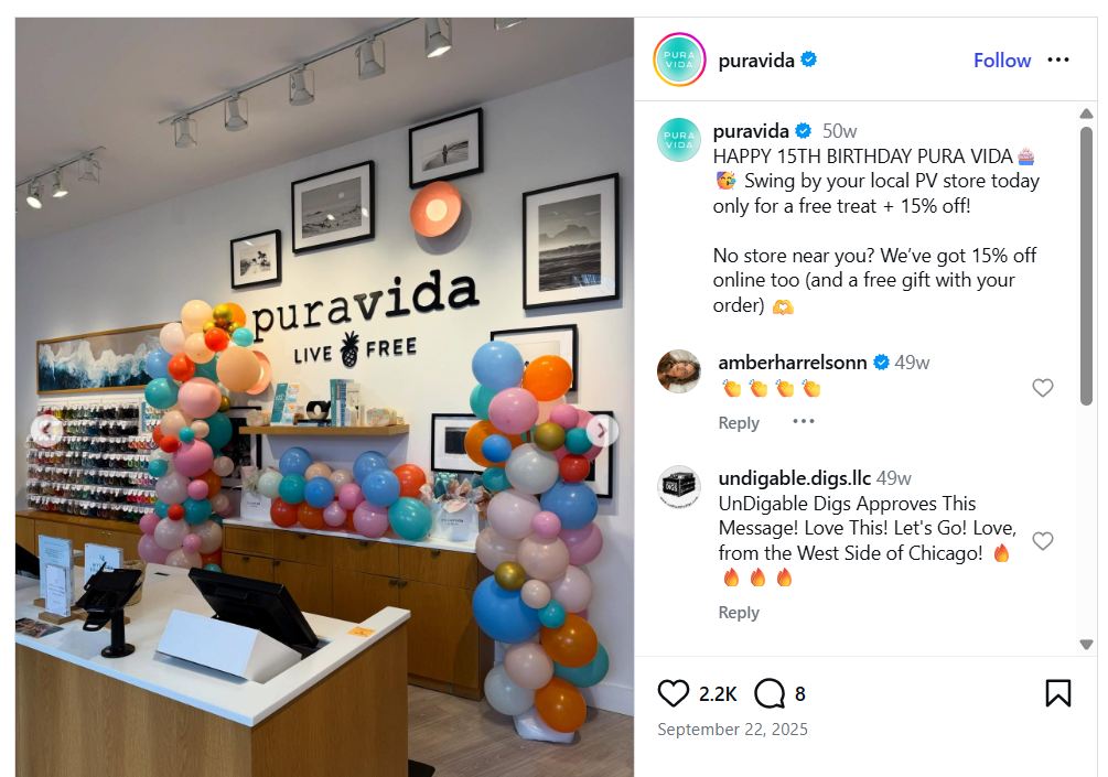 Pura Vida celebrate its 15th year on Instagram
