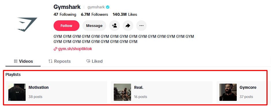 Gymshark's pinned playlists