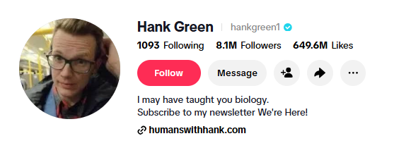 hank green tiktok bio