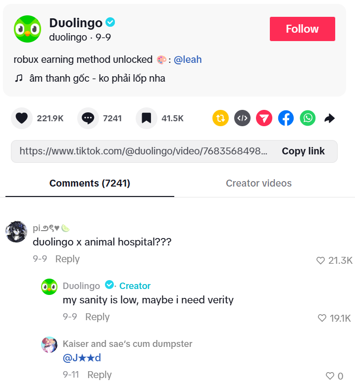 example of duolingo pin tiktok comment